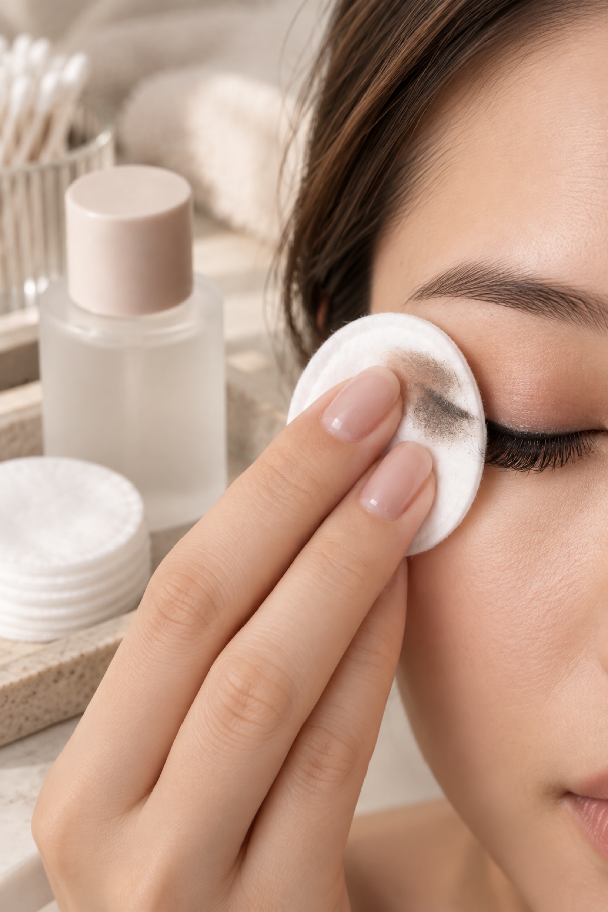 Removing eye makeup from the eyelid with an oil-free remover and cotton pad while wearing eyelash extensions.