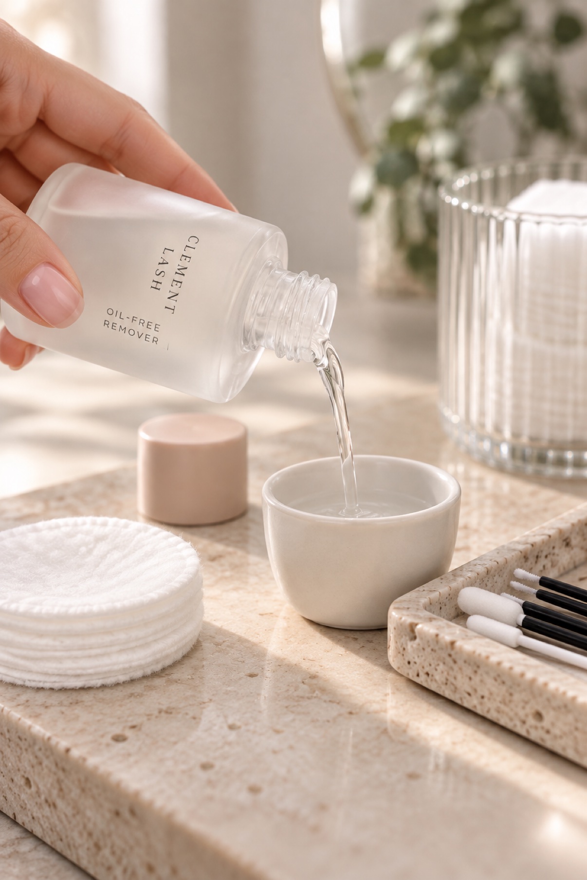 Pouring oil-free eye makeup remover into a clean cup.