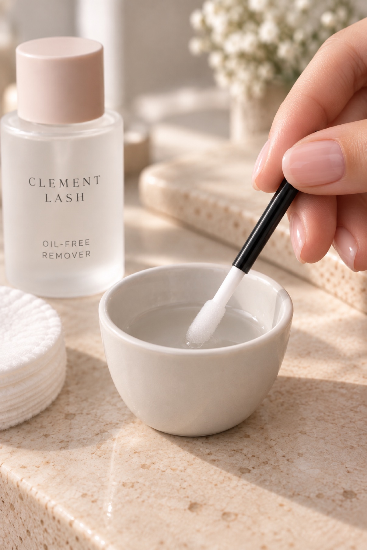 Soaking a lint-free applicator in oil-free eye makeup remover.