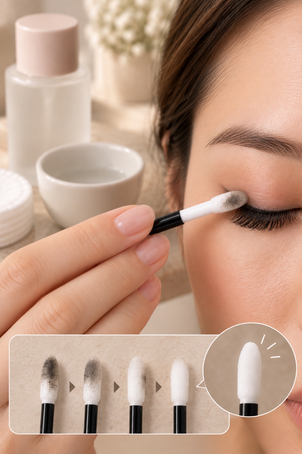 Cleaning the lash line with fresh lint-free applicators until the applicator comes away clean.