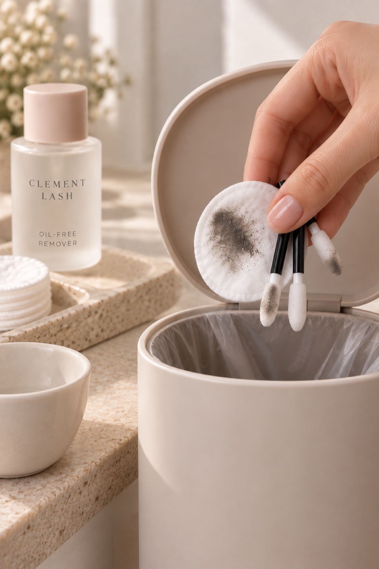 Discarding used cotton pads and applicators after removing eye makeup.