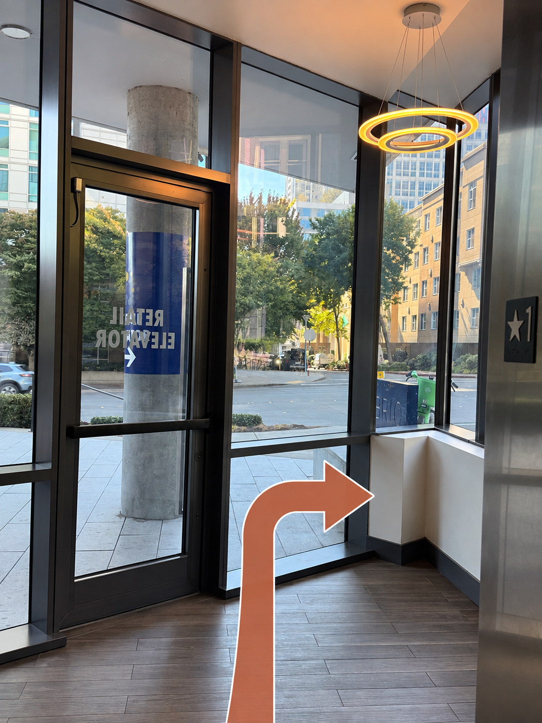 Exit from the Retail Elevator room with a right-turn direction toward Clement Lash.