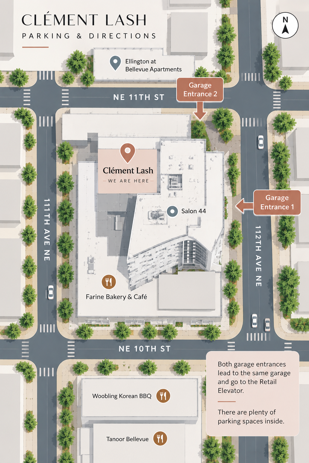 Map showing Clement Lash and the two entrances to the Brio Garage in Bellevue.