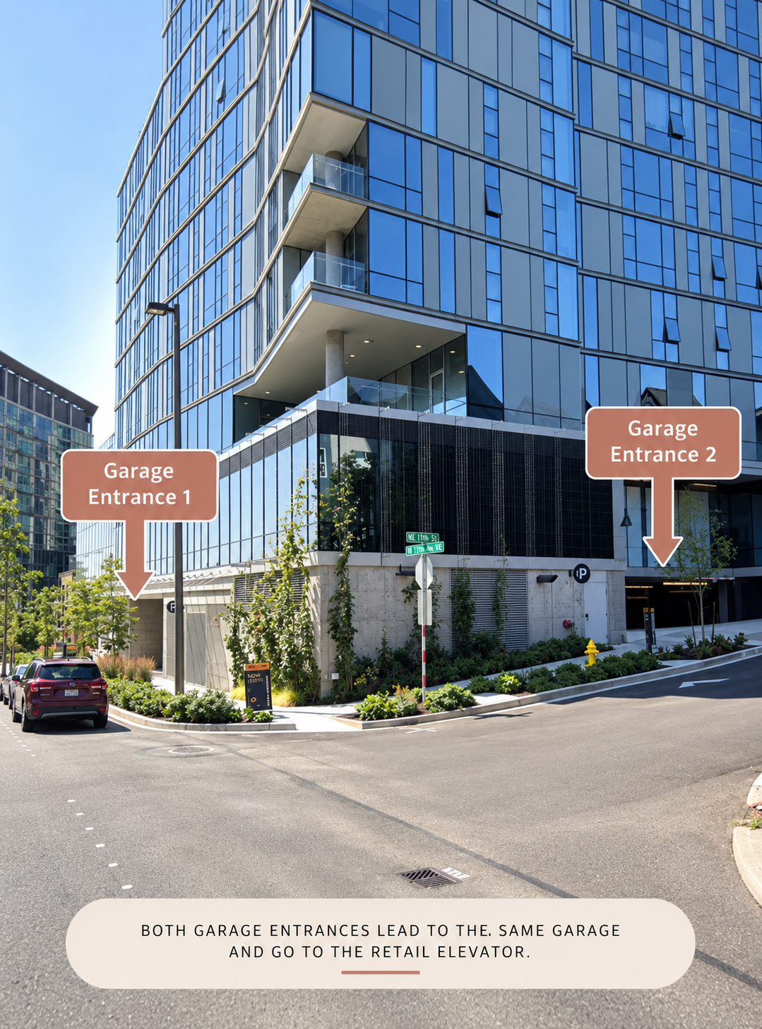 Exterior view of the Brio building showing Garage Entrance 1 and Garage Entrance 2.