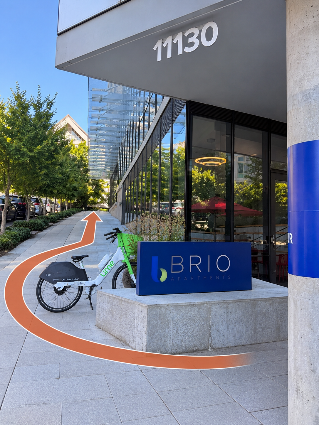 BRIO sign showing the U-turn and uphill walkway toward Clement Lash.
