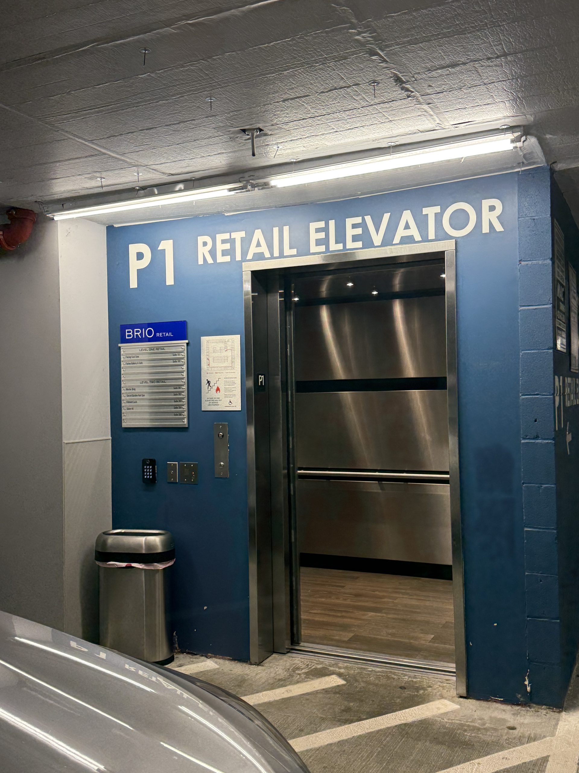 Retail Elevator inside the Brio parking garage.
