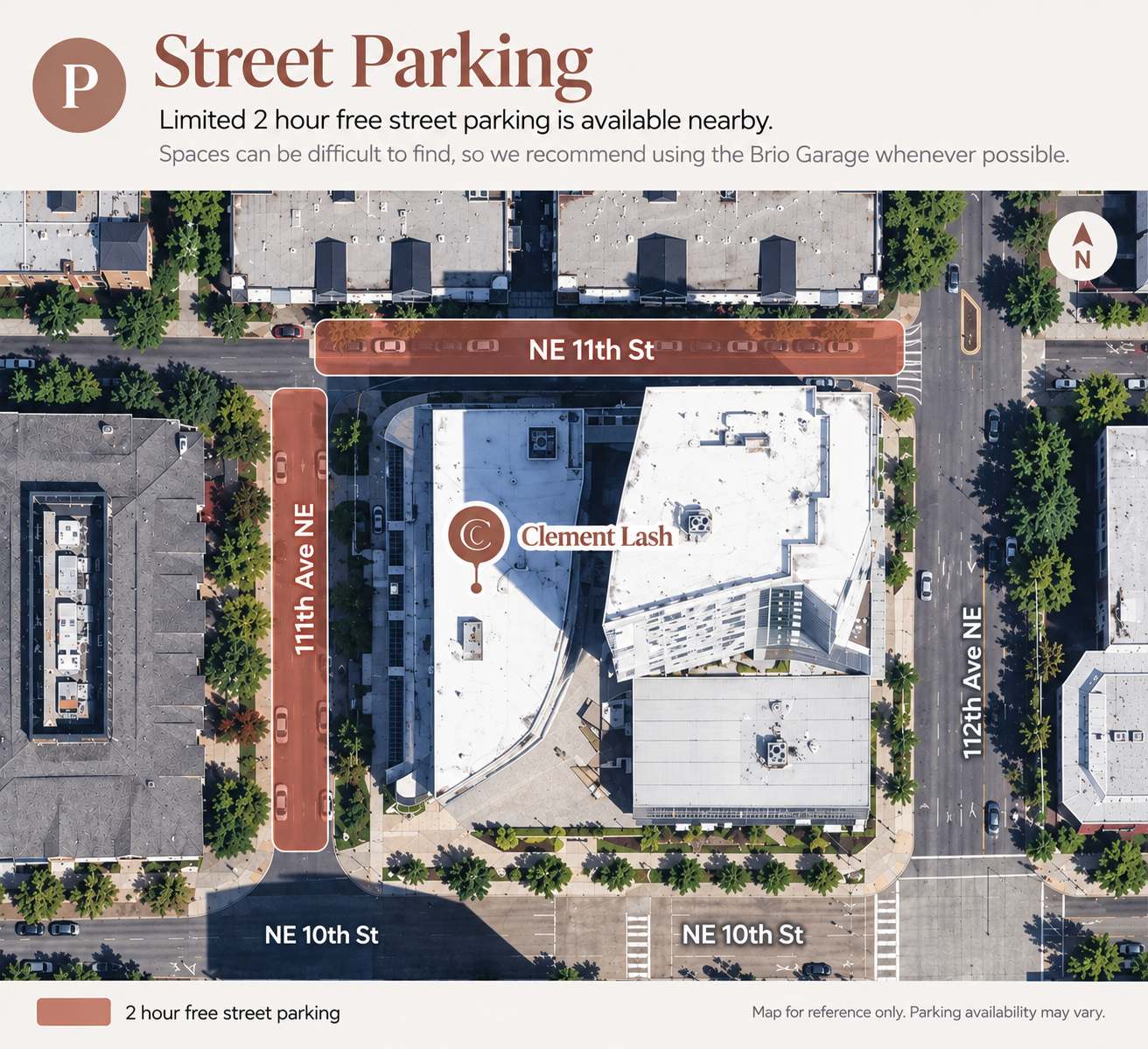 Map showing nearby limited two-hour free street parking around Clement Lash.